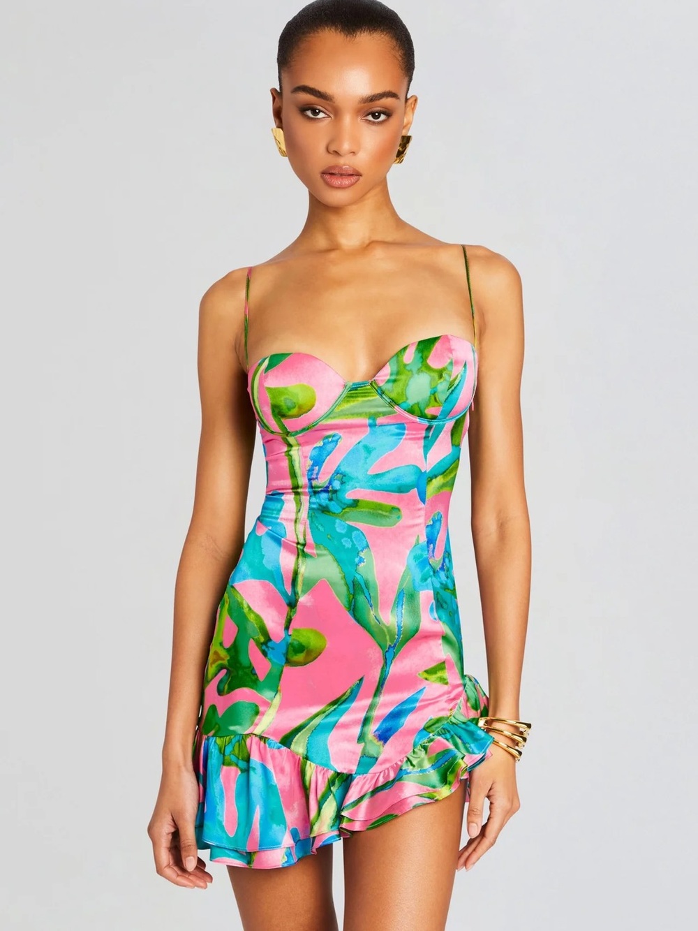 Retrofete Silvana Silk Dress Pink Green Blue tropical Print Mini NWT size small